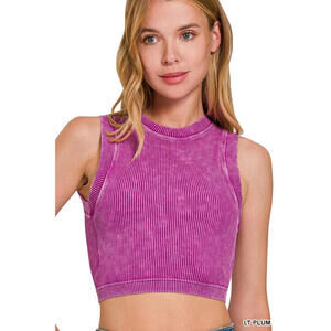 Stone Washed Ribbed Seamless Crop Tank Top Zenana